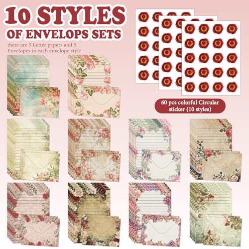 160 Pcs Stationery Paper Envelopes Set | Includes 50 Writing Paper & 50 Envelopes & 60 Stickers, Floral Letter Writing and Stationery Paper Envelopes(10Style) - color: Vintage Floral