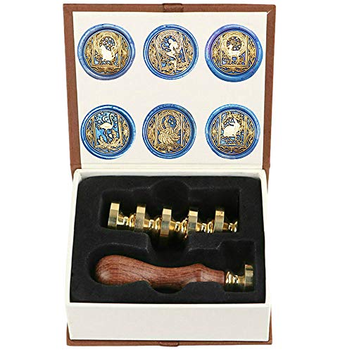 Starry Animal Wax Seal Stamp Set with 6 PCS Removable Brass Heads and 1 Wooden Handle - Retro Vintage Cat Deer Peacock Mermaid Flamingo Rabbit Sealing Wax Stamps - size: 6 PCS wax seal stamp 2