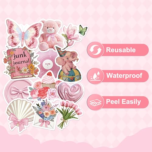 100 Pcs Pink Coquette Stickers for Scrapbooking, Waterproof Vinyl Vintage Stickers for Scrapbook Laptops Water Bottles Journals, Cute Aesthetic Decorative Decals for Girls Teens Students - color: Coquette Style