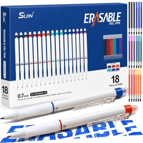 SUIN 6 Colors Erasable Gel Pens, 0.7mm Retractable Colored Pens, 18 Pens + 18 Matching Refills, Smooth Gel Pens for Notes, Planners, Journals, School and Office - color: Multicolor, size: 1 Count (Pack of 18)