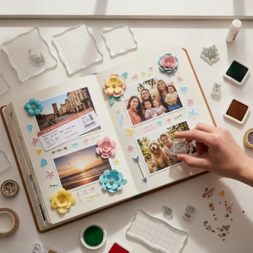 Mudder 7 Pcs Acrylic Stamp Blocks Set Clear with Grid Lines,Lace Edge - style: Lace Edge