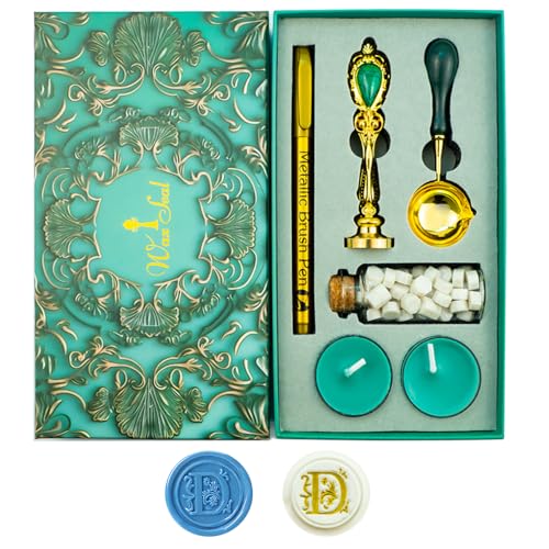 Letter Wax Seal Stamp, Ioggtser Alphabet D Wax Seal Stamp Set Including 1Pcs Copper Head with Iron Handle, 60 Pcs Wax Seal Beads, 1Pcs Wooden Melting Spoon, 2Pcs Candles, 1Pcs Wax Seal Pen - style: Letter D set