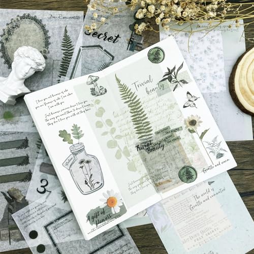 Vintage Washi Stickers for Journaling, 40 Sheets Ephemera Sticker Book for Adults 180pcs Aesthetic Botanical Scrapbook Stickers and 20 Sheets Adhesive Scrapbooking Paper for Junk Journal Supplies - color: Plant