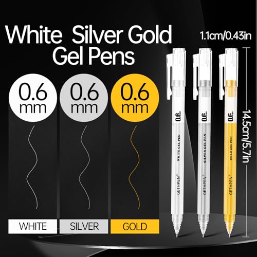 GETHPEN 3 Colors Gel Pen Set, 0.6mm Fine Gold Silver White Gel Ink Pens | Opaque Gel Ink Pens for Black Paper, Art Coloring Drawing, Sketching, Bullet Journaling, Holiday Crafts - size: 0.6 mm, style: 3 Pack White, Gold and Silver