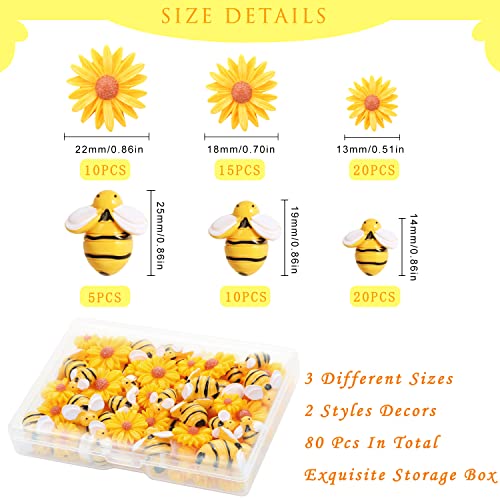 80 Pieces Tiny Resin Bees Daisy Flowers, Flatback Daisy Flowers Bumble Bees Embellishment Bee Decors with Box DIY Wreath Cake Decorations Flowers Bee for Crafts Two Groovy Party Decor