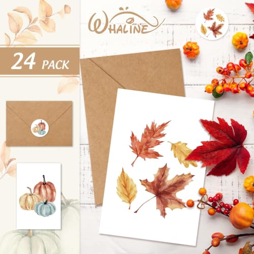 Whaline 24 Pack Greeting Cards with Envelope & Sticker, Fall Leaves Pumpkin