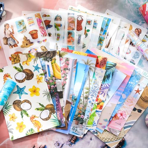 Summer Beach Scrapbook Sticker Book, 500+ Vintage Travel Stickers for Scrapbooking, 20pcs Aesthetic Scrapbook Papers for Adults Women DIY Bullet Junk Journals Supplies, Washi Stickers for Journaling - color: Beach Bliss