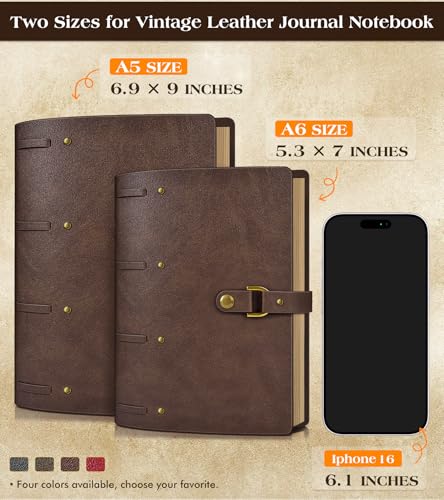 Leather Journal Notebook, A6 Size 5.3 x 7 inches 260 Lined Pages -Brown - color: Brown, size: 5.3*7inch
