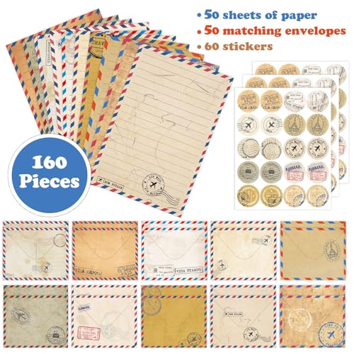160 Packs Stationery Paper and Envelopes Set 10 Different Designs, 50 One Sided Stationery Writing Papers with 50 Matching Envelopes and 60 Round Dot Sticker, 5.5 x 8.25 Inch (VintageTravel) - style: VintageTravel