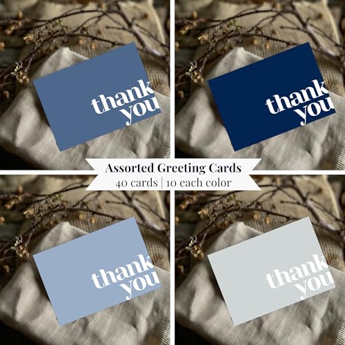 Paper Play Thank You Cards Bulk Pack of 40 Blue, 5x3.5 Inches with Matching Stickers & Envelopes, Minimalistic Design Suitable for Business, Baby Shower, Wedding, Small Business, Graduation, Funeral - color: Blue