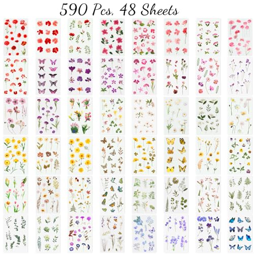 Arme Scrapbook Flower Stickers Floral Stickers(590 PCS, 48 Sheets) - color: Flower 48 Sheets, size: Flower 48 sheets