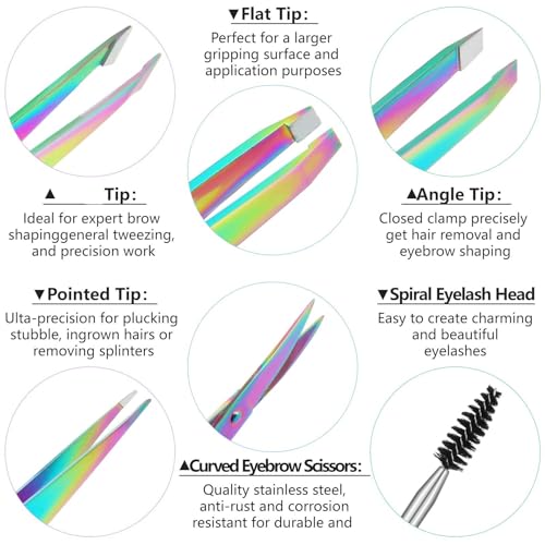 Honoson 6 Pcs Eyebrow Tweezers Set for Women Precision Tweezer for Eyebrows with Curved Scissors Eyelash Brush Girls Facial Hair Plucking Daily Beauty Tools with Leather Storage Case(Rainbow Color) - color: Rainbow Color