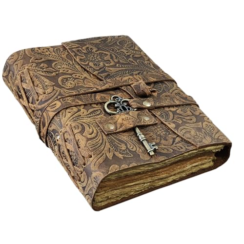Embossed Leather Journal with Antique Key Vintage Pages Handmade Journal Leather Sketchbook Notepad Leather Travel Journal Book of Shadows Leather grimoire (Antique, 8x6 Inch) - color: Antique, size: 8x6 Inch