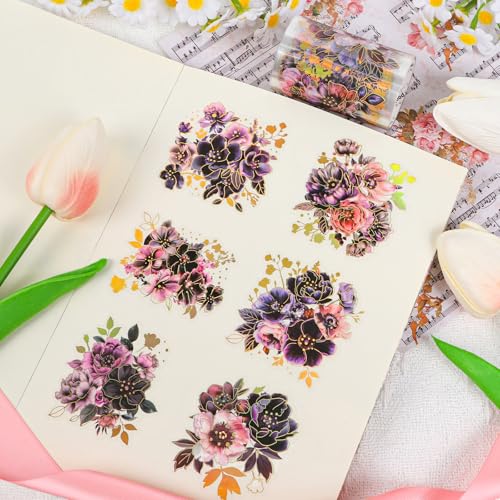 Sitsink PET Tape for Journal Scrapbooking - Purple Flower PET Tape Stickers for Crafts Junk Journal Supplies Notebook Scrapbook DIY Decor - style: Night Poppy