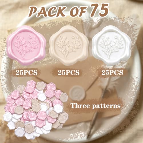 75pcs Multi-Color Floral Self-Adhesive Wax Seal Stickers | 3 Color Assorted Flower Seals For Invitation, Christmas Gift Wrap & Party Decor - color: Pearl White&Lotus-Pink&Nude, size: 75PCS