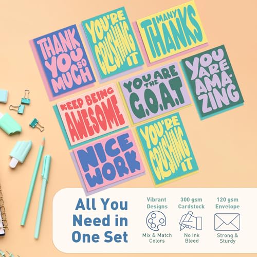 Sweetzer & Orange S&O Set of 24 Cute Appreciation Cards with Envelopes - 8 Teacher Appreciation Card Designs - Thank You Cards for Coworkers, Employee, Teachers, Recognition & Gratitude, 4.25”x5.75”