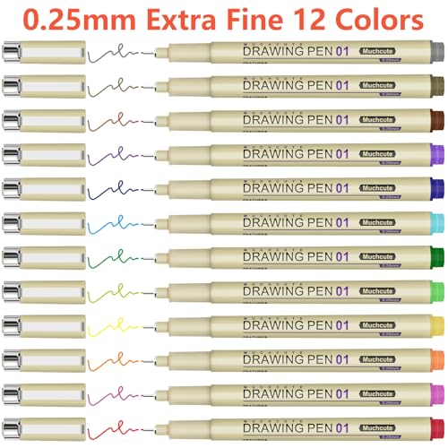 Muchcute 01 Micro Fineliner Drawing Art Pen,12 Colors 0.25mm No Bleed Bible - color: 12 Colors 01(0.25mm)