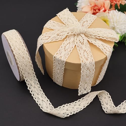Natural Cotton Craft Ribbon 1" Vintage Cotton Crochet Lace Trim Spool Wrapping Ribbon 10 Yards (Beige) - color: Beige