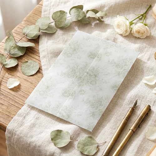 100 Pcs Pre Folded Floral Vellum Jackets for 5x7 Invitations, Wedding Translucent Vellum Paper with Ribbon, Envelope Liners for Wedding Bridal Baby Shower Birthday Mother Event(Sage Green) - color: Sage Green