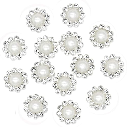 50 pcs Rhinestone Faux Pearl Buttons, Silver, 14mm - color: Silver