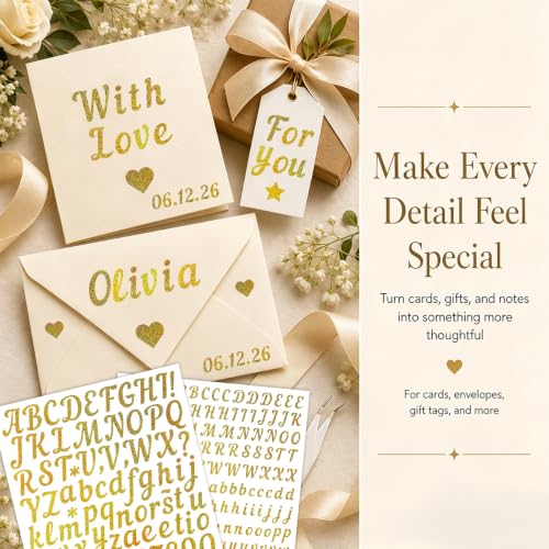 Gold Letter Stickers 0.5 Inch & 1 Inch, 15 Sheets Vinyl Cursive Gold Alphabet Number Stickers, Faux Glitter Golden Script Letter Stickers for Cards Envelopes Gift Wrap Invitations Planner Craft DIY - style: Gold Script 0.5" & 1" - 15 Sheets