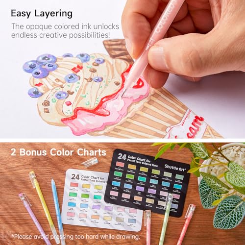 Shuttle Art Colored Pens, 24 Pastel Tone Colors Cute Journal Pens 0.6mm Fine Point Colored Gel Pens for Black Paper Adult Coloring Writing Drawing Journaling Note Taking School Office Home - color: 24 Pastel Tone
