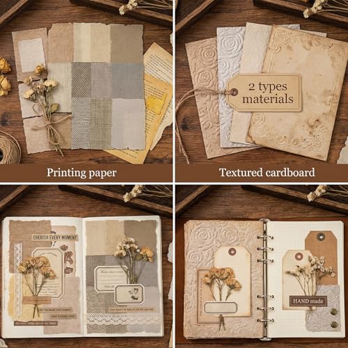 112 Pcs 4 Set Textured Scrapbook Paper Kit, Vintage Making Collage Junk Journal Supplies Cards, Embossed Rice Decoupage Paper Mixed Media for Scrapbook Supplies DIY Decorative Materials Craft Gifts