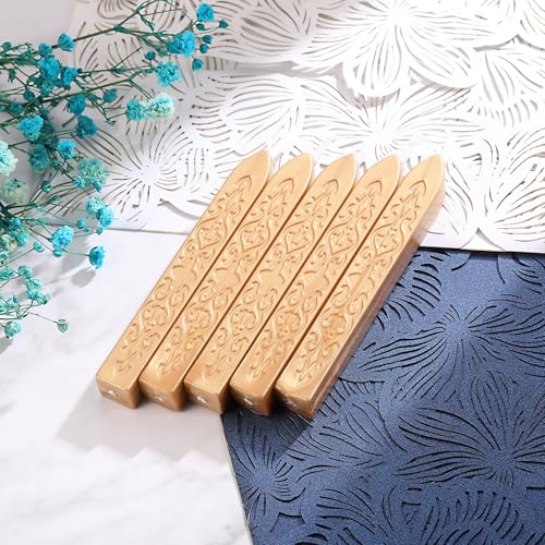 Yoption 5Pcs Light Gold Sealing Wax Sticks with Wicks for Wax Seal Stamp | Embossed Pattern Wax Sticks for Wedding Invitation, Christmas Card, Envelope, Snail Mail, Wine Package, Gift Wrapping - color: Metallic Light Gold