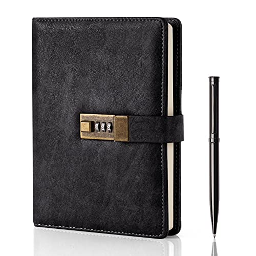 WEMATE Diary with Lock, A5 PU Leather Journal with Lock 240 Pages Black | Vintage Lock Journal Password Notebook with Pen & Gift Box, Lock Diary Planner Organizer for Men and Women, 8.6x5.8in - color: Black