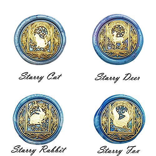 Starry Animal Wax Seal Stamp Set with 4 PCS Removable Brass Heads and 1 Wooden Handle - Retro Vintage Cat Deer Rabbit Fox Sealing Wax Stamp for Letter Cards Invitations - size: Animal wax seal stamp kit 1
