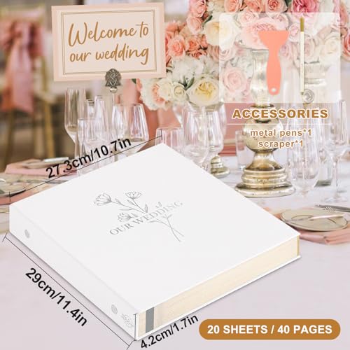 Lanpn Wedding Self Adhesive Photo Album Scrapbook 40 Pages, Linen Photos Albums DIY Sticky Magnetic Pages holds 4x6 5x7 A5 Picture for Wedding (Small, 20 sheets, White) - color: OUR WEDDING - White, size: Sticky Page(11.4x10.7",40Pages)