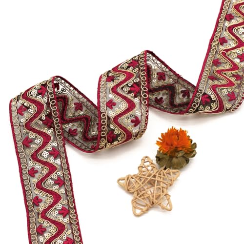 2 Inch Red Gold Embroidery Ribbon Sequin Bead Metallic Vintage Embroidered Ribbons Jacquard Woven Fabric Applique Trim Tape for Sewing Making Craft Gift Wrapping Wedding Christmas Decor - color: Red,gloden