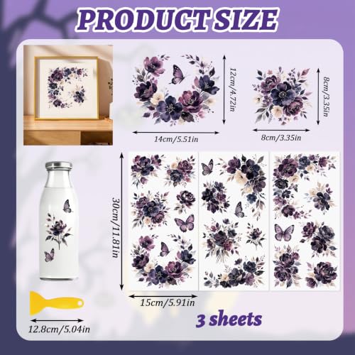 Rub On Transfers for Crafts, 3pcs Dark Purple-Themed Flower Transfers UV DTF Stickers Waterproof Decals for Halloween Wood Door Window Cup DIY Home Decor - color: Purple Floral