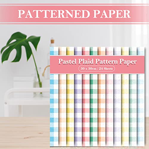 Whaline 24pcs Pastel Plaid Pattern Paper 12 Designs Gingham Double-Sided Scrapbook Paper for DIY Crafts Scrapbook Photo Album Decor, 11.8 x 11.8 Inch