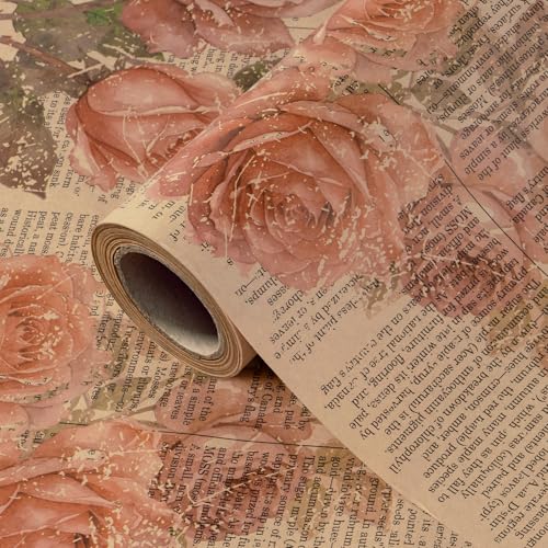 WRAPAHOLIC Kraft Vintage Floral Wrapping Paper - Mini Roll - 17 Inch x 16.5 Feet - Retro Rose Flower Letter Print Newspaper Kraft Wrapping Paper for Birthday, Wedding, Bridal Shower, Anniversary - color: Floral Letter - Red