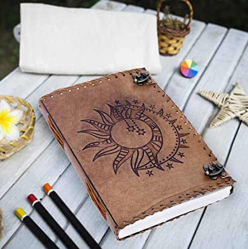 Sun & Moon Emboss journal, 240 Pages journal, Vintage Journal, Sun moon Journal, Leather Sketchbook, Leather Notebook, Leather Journal for Men,Sun & Moon, 10x7 Inch) - color: Vintage Brown - Sun & Moon, size: 10x7 Inch