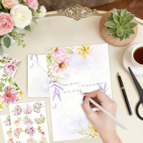 50 Pcs Stationery Paper Envelopes Set | Includes 24 Writing Paper & 24 Envelopes & 24 Stickers, Flower Floral Letter Writing and Stationery Paper Envelopes(6Style) - color: Wildflower 2