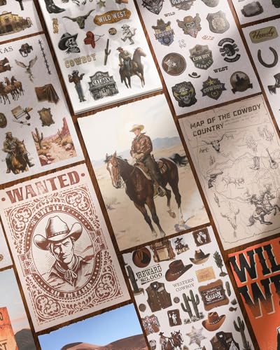 Vintage Ephemera Washi Scrapbook Sticker Book for Scrapbooking - 30 Sheets 500+ Journaling Stickers and 20 A5 Scrapbook Papers for for Junk Journals, Scrap Book Supplies for DIY Arts Crafts for Adults - color: Cowboy