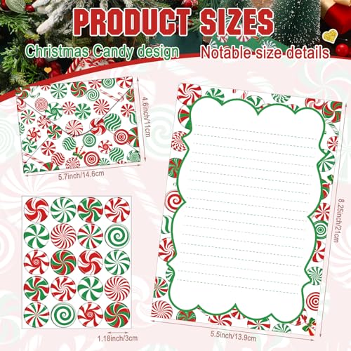 TaoBary 160 Pcs Stationery Paper Set 50 Double Sided Stationery Papers with 50 Matching Envelopes and 60 Round Dot Sticker, 10 Design(Christmas Candy,5.5 x 8.25 Inch) - size: 5.5 x 8.25 Inch, style: Christmas Candy