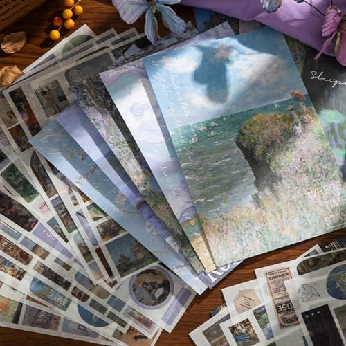 Vintage Scrapbook Stickers, 50 Sheets Aesthetic Oil Painting Sticker Book for Adults with 450pcs Washi Stickers and 20 Sheets Scrapbook Paper Ephemera Sticker Book for Junk Journal Journaling Supplies - color: Oil Painting