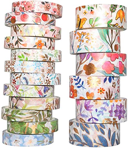 18 Rolls Floral Gold Washi Tape Set VSCO Foil Masking Decorative for Arts, DIY Crafts, Journal Supplies, Planners, Scrapbook, Card/Gift Wrapping 8/15mm Wide (Flowers)