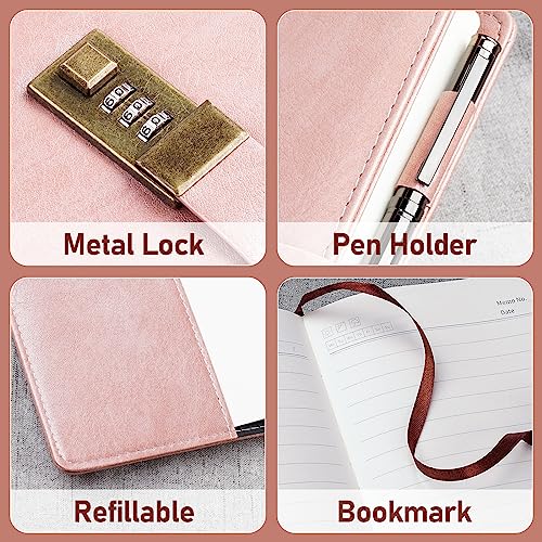 WEMATE Diary with Lock, A5 PU Leather Locked Journal 240 Pages Rose Gold | Vintage Lock Journal Notebook with Pen & Gift Box, Lock Diary Planner Organizer for Men and Women, 8.6x5.8in - color: Rose Gold