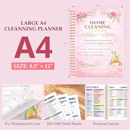 Home Cleaning Planner & Checklist Book for Women Adults – Daily, Weekly & Monthly Cleaning Schedule and Checklist, Housekeeping Organizer with Cleaning Lists, Spiral Bound Cleaning Book Planner