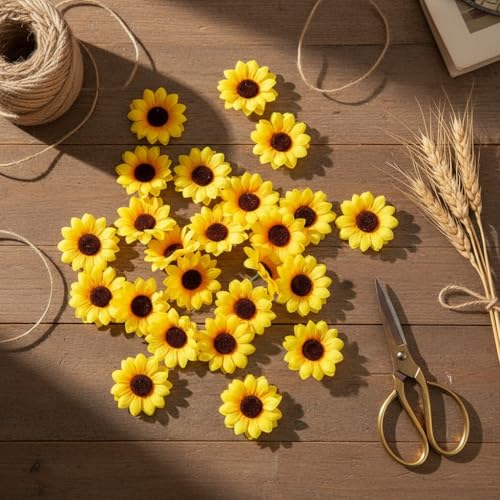 Jinshining 100Pcs Yellow Artificial Flower Heads Mini Fake Sunflower Decorative Fabric Flowers Craft Floral Embellishments for Wreaths Wedding Artificial Flowers