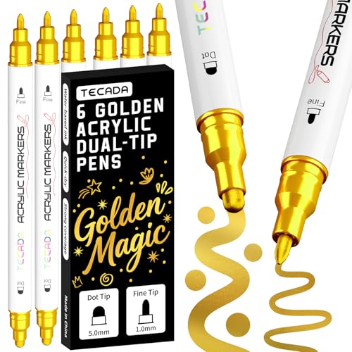 6 Gold Acrylic Paint Markers, Dual-Tip Acrylic Paint Pens - color: Gold