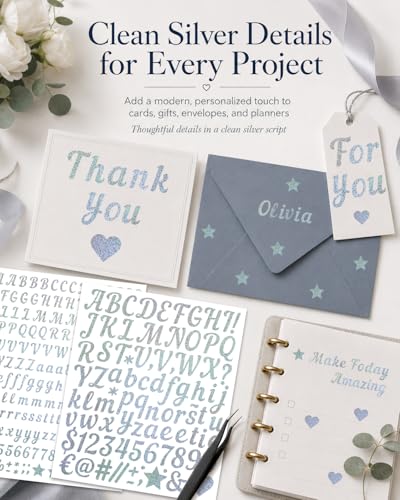 Silver Letter Stickers 0.5 Inch & 1 Inch, 15 Sheets Vinyl Cursive Silver Alphabet Number Stickers, Faux Glitter Silver Script Letter Sticker for Cards Envelopes Gift Wrap Invitations Planner Craft DIY - style: Silver Script 0.5" & 1" - 15 Sheets
