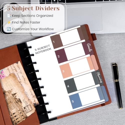 Hardcover Refillable Notebook with Removable Divider Tabs, 300 Pages Leather 5 Subject Discbound Notebook College Ruled for Work School Note Taking,7.5x10" Lined Journal for Men & Women,Dark Brown - color: Dark Brown, size: Medium