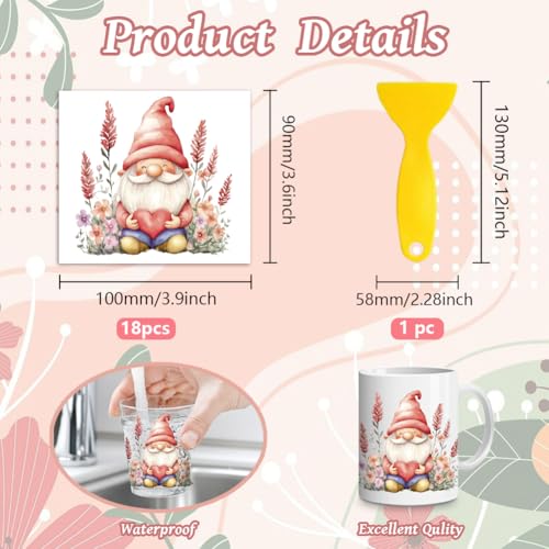 Peacoblue Gnome and Flower Rub On Transfers for Craft, Transfer Sticker | 18 Sheets UV DTF Transfers, Waterproof Rub On Decals for Wood, Glass, Furniture, Tumblers & Home Decor Crafts - style: Gnome and Flower