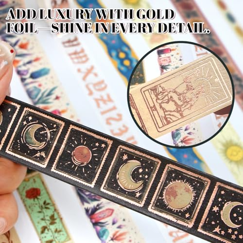Gold Foil Washi Tape Set – 23 Rolls Tarot Washi Stickers Vintage Decorative Tapes for Journaling Supplies, Scrapbooking, DIY Crafts, Junk Journal, Craft Supplies(Celestial Symbols/ Starry/ Magic)