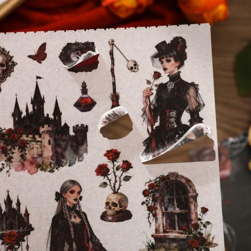 Dark Aesthetic Gothic Stickers, 500+ Pre-Cut Washi Stickers 20 Scrapbook Papers Horror Decals for Junk Journal Supplies, Vintage Rose Washi Sticker Book for Adults Planner Laptop Collage Journaling - color: Gothic Diary